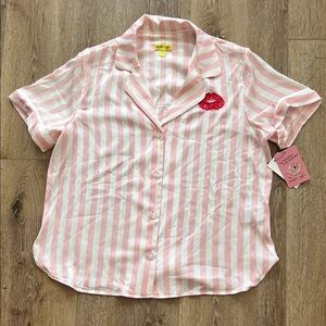 Shady Lady Pink & White Striped Button-Up Shirt with Red Lip Patch